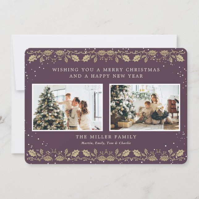 Elegant Purple Gold Snow Holly 2 Photo Holiday Card (Front)