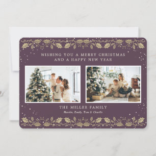Elegant Purple Gold Snow Holly 2 Photo Holiday Card