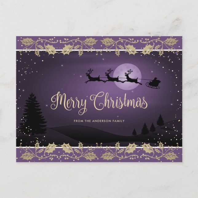 Elegant Purple Gold Snow Holly Merry Christmas Holiday Postcard (Front)