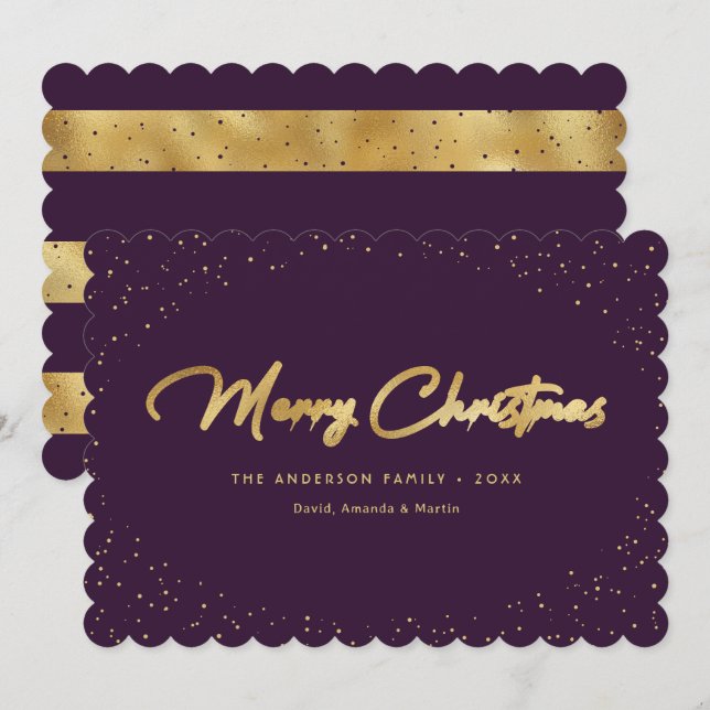 Elegant Purple Gold Snow Merry Christmas Card (Front/Back)
