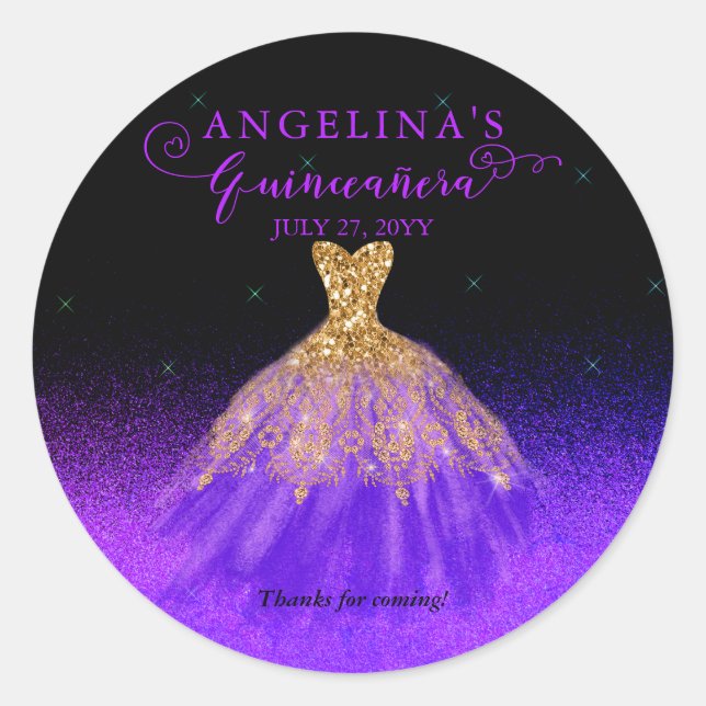 Elegant Purple | Gold Spanish Gown Quinceañera Classic Round Sticker (Front)
