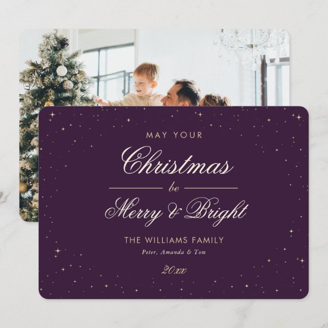Elegant Purple Gold Stars Photo Christmas Holiday Card (Front/Back)