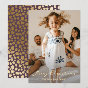 Elegant Purple Gold Stars Script Photo Christmas Holiday Card
