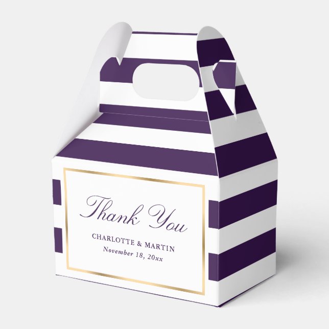 Elegant Purple Gold Stripes Wedding Thank You Favour Box (Front Side)