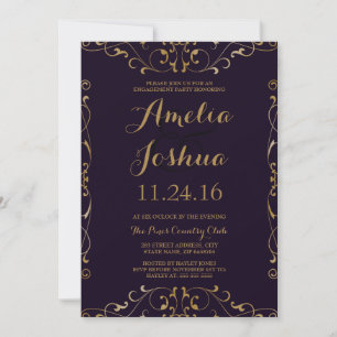 Elegant Purple Gold Swirl Engagement Party Invite