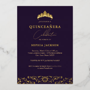Elegant Purple Gold Tiara Script Quinceanera