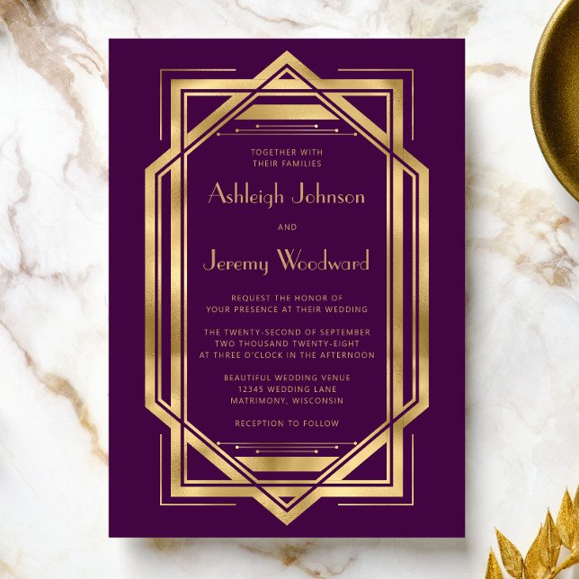 Elegant Purple Gold Vintage 1920s Deco Wedding Invitation (An ideal choice for a 1920s vintage themed wedding with a purple and gold color palette.)