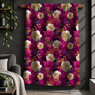 Elegant Purple Gold Watercolor Floral Throw Blanke