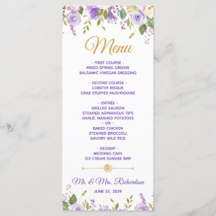 Elegant Purple Gold Watercolor Floral Wedding Menu