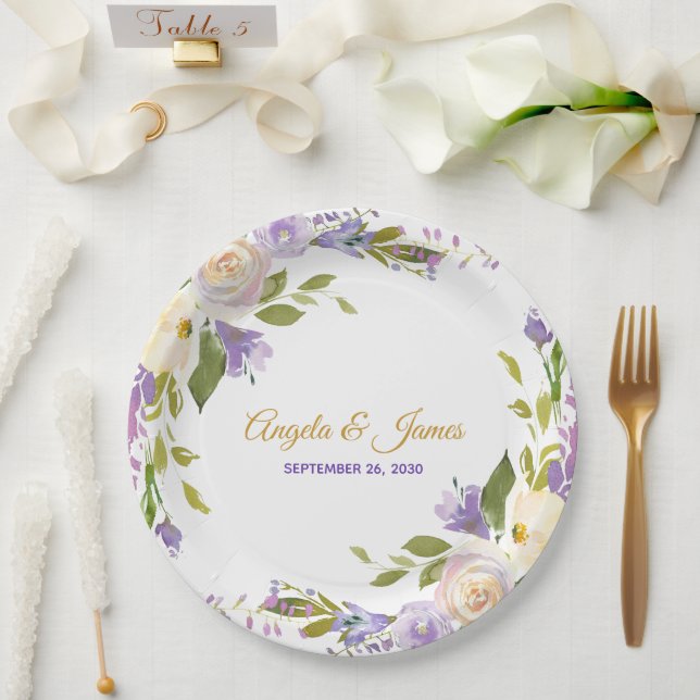 Elegant Purple Gold Watercolor Floral Wedding Paper Plate (Wedding)