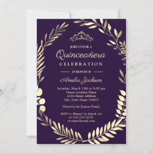 Elegant Purple Gold Watercolor Wreath Quinceanera Invitation