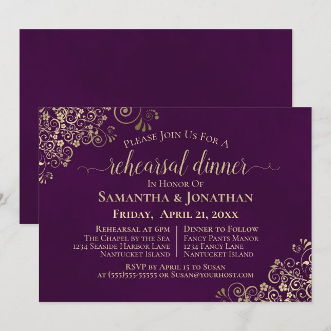 Elegant Purple & Gold Wedding Rehearsal & Dinner Invitation (Front/Back)