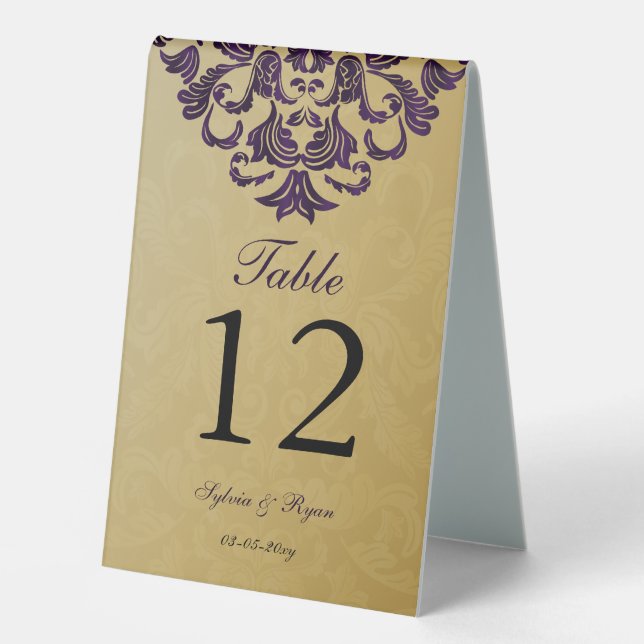 Elegant Purple Gold Wedding Table Number (Front)