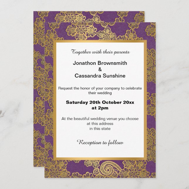 ELEGANT PURPLE GOLD WHITE LACE WEDDING INVITATION (Front/Back)