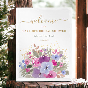 Elegant Purple Gold Winter Floral Bridal welcome Poster