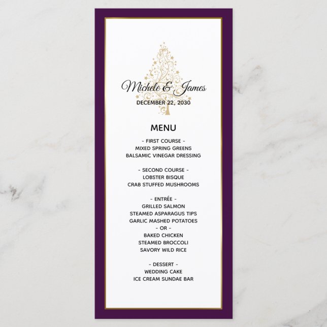 Elegant Purple Gold Winter Holiday Wedding Menu (Front)