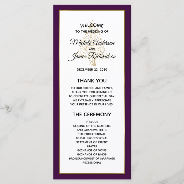 Elegant Purple Gold Winter Holiday Wedding Programme (Front)