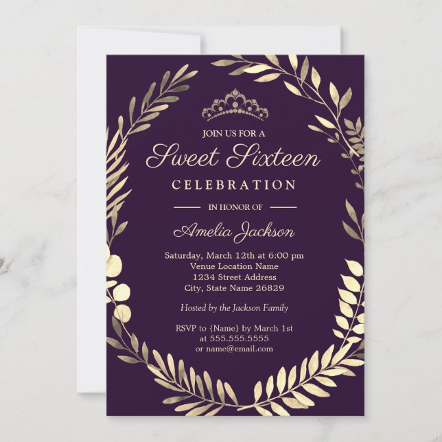 Elegant Purple Gold Wreath Sweet Sixteen Invitation (Front)