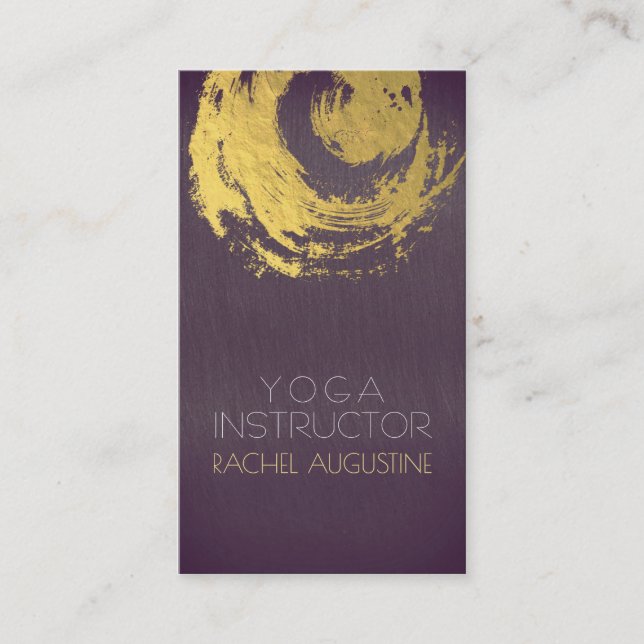 Elegant Purple & Gold YOGA ZEN Symbol Brushstrokes Business Card (Front)
