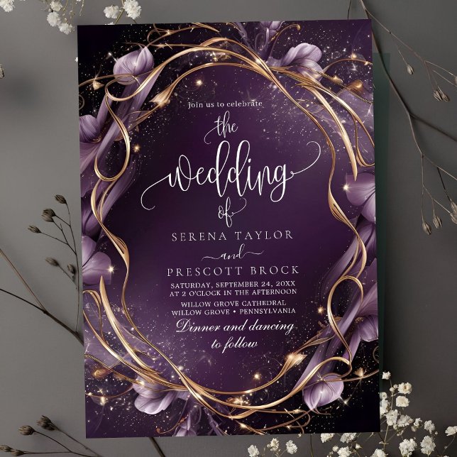 Elegant Purple Golden Floral Frame Wedding Invitation (Creator Uploaded)