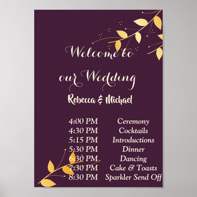 Elegant Purple Golden Leaves Order of Events P Poster (Front)