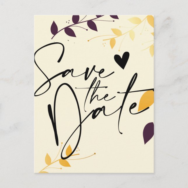Elegant Purple Golden Leaves Save the Date Announc Announcement Postcard (Front)