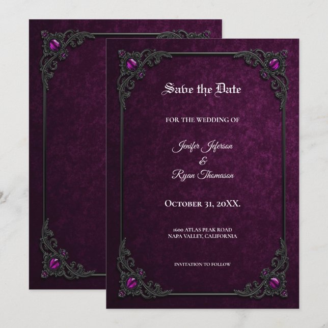 Elegant purple Gothic Save the date Announcement (Front/Back)
