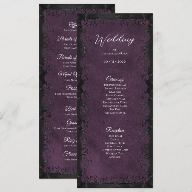 Elegant purple Gothic Wedding Program Menu (Front/Back)