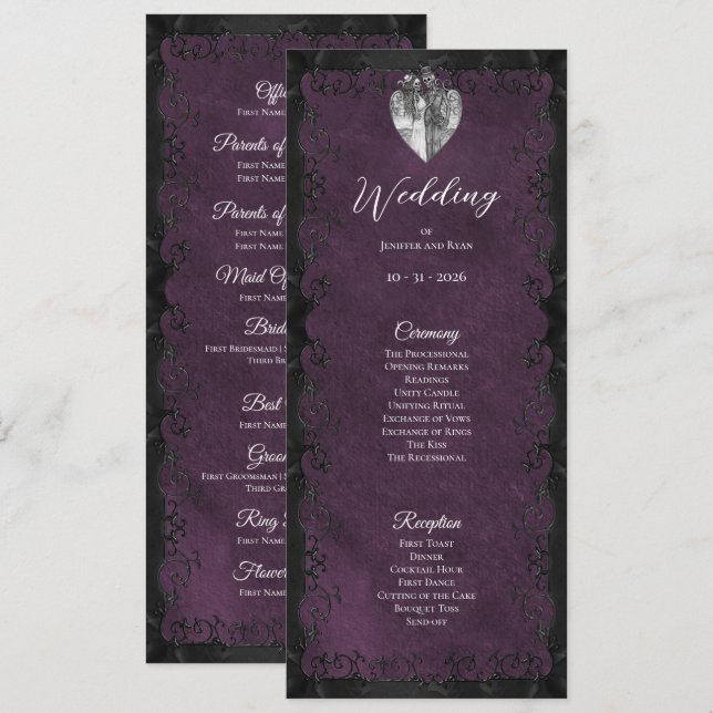 Elegant purple Gothic Wedding Program Menu (Front/Back)