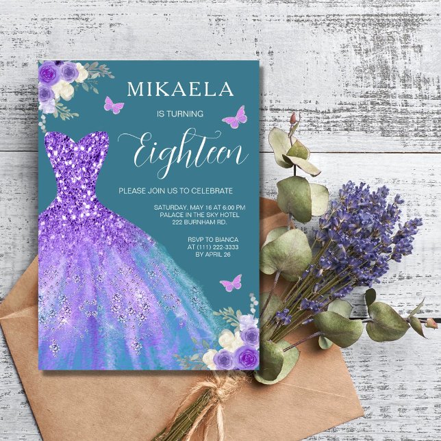 Elegant Purple Gown Floral 18th Birthday Invitation (Creator Uploaded)