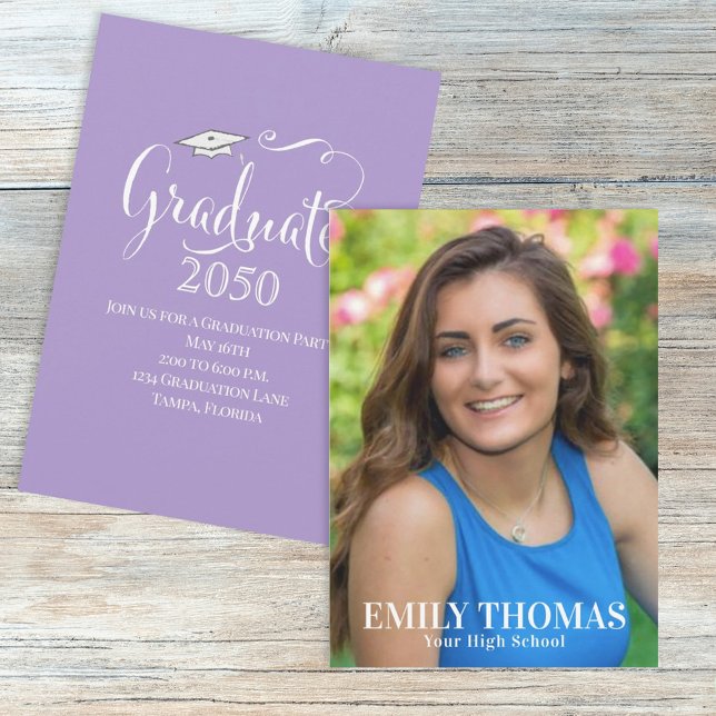 Elegant Purple Graduation Calligraphy Simple Photo Invitation (Creator Uploaded)