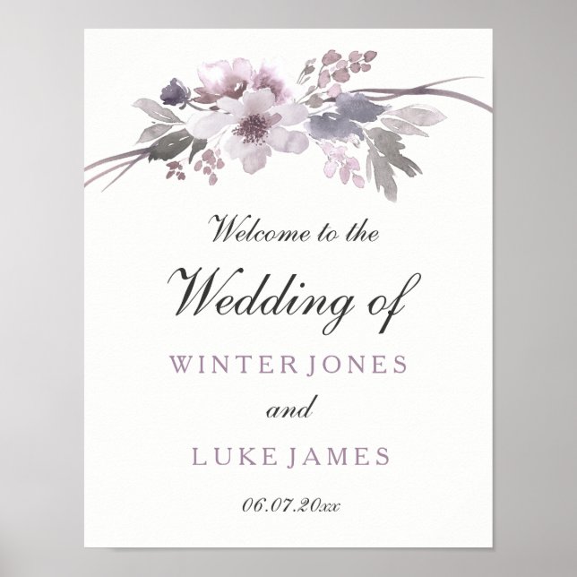 Elegant Purple Gray Winter Floral Wedding Poster (Front)
