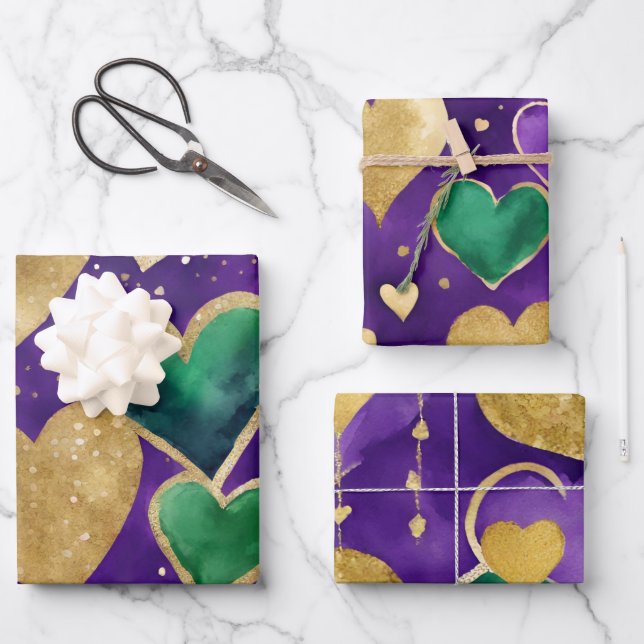 Elegant Purple, Green and Gold Hearts Mardi Gras Wrapping Paper Sheet (Front)
