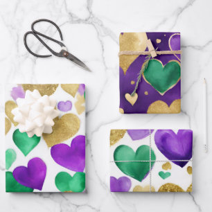 Elegant Purple, Green and Gold Hearts Mardi Gras Wrapping Paper Sheet