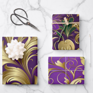 Elegant Purple, Green and Gold Mardi Gras Floral Wrapping Paper Sheet
