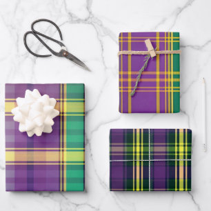 Elegant Purple, Green and Gold Mardi Gras Plaid Wrapping Paper Sheet
