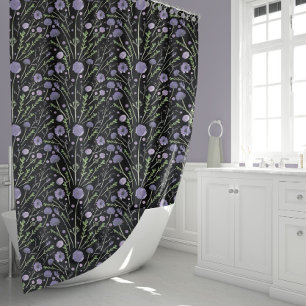 Elegant Purple Green Black Watercolor Flowers Shower Curtain