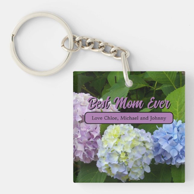 Elegant purple green blue floral hydrangeas  key ring (Front)