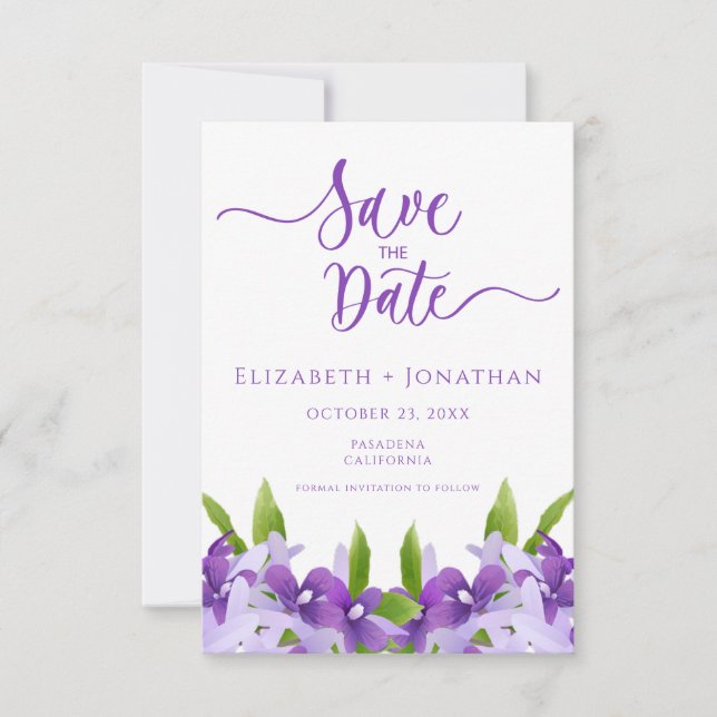 Elegant Purple Green Floral Leaves Wedding  Save The Date (Front)