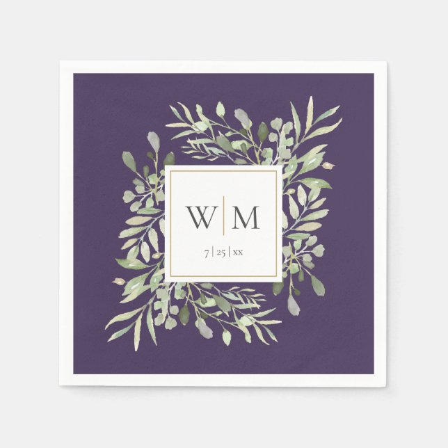 Elegant Purple Greenery Gold Monogram Napkin (Front)
