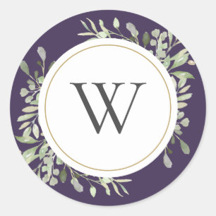Elegant Purple Greenery Monogram Initial Classic Round Sticker