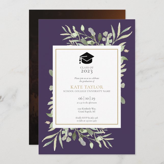Elegant Purple Greenery Photo Graduation Party Inv Invitation (Front/Back)
