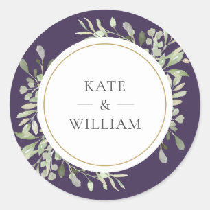 Elegant Purple Greenery Wedding Gold Favour Classic Round Sticker
