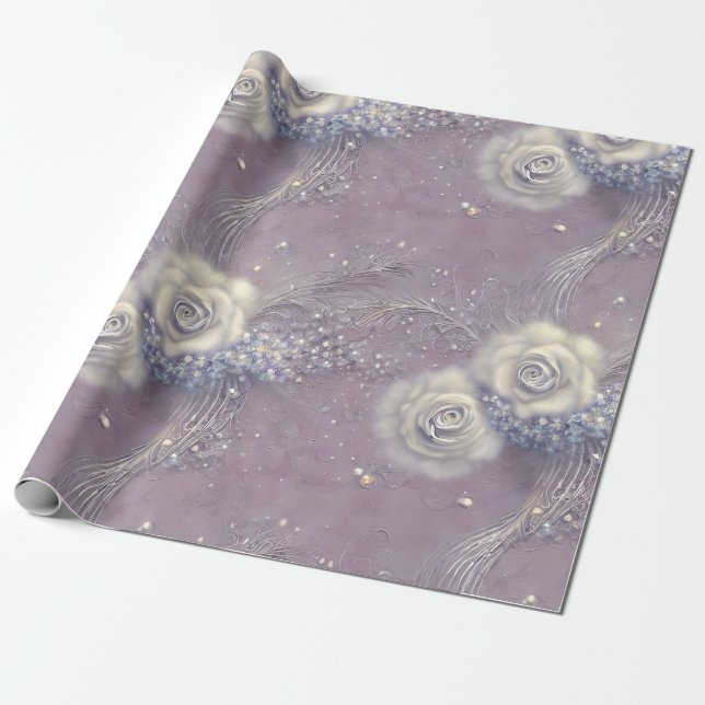 Elegant Purple Grey Floral and Pearl  Wrapping Paper (Unrolled)
