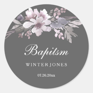 Elegant Purple Grey Floral Baptism Sticker