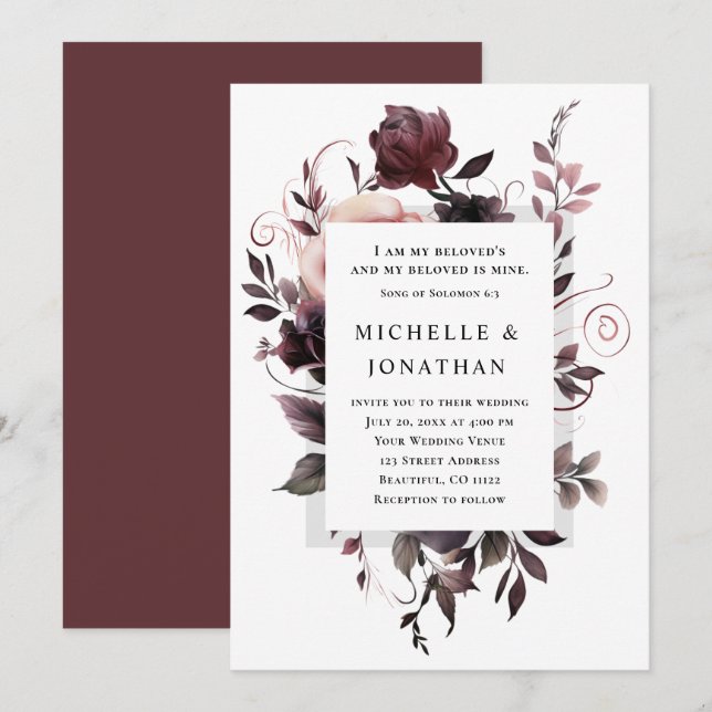 Elegant Purple Grey Floral Bible Christian Wedding Invitation (Front/Back)