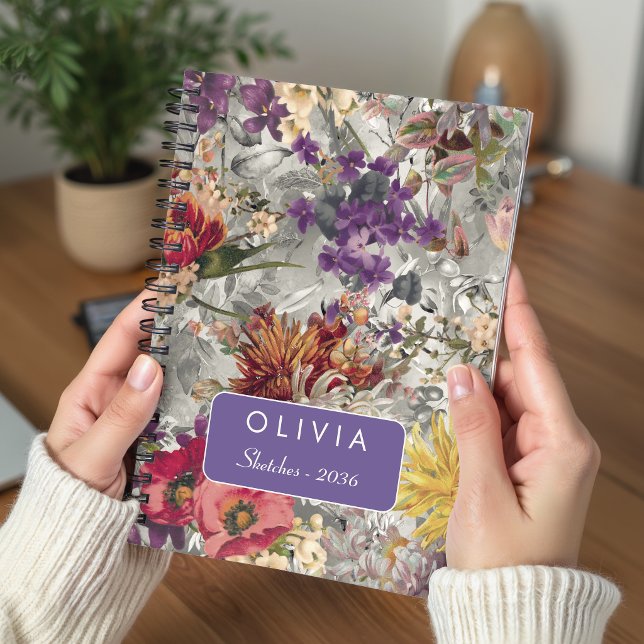 Elegant Purple Grey Floral Monogrammed Pattern Notebook (Creator Uploaded)
