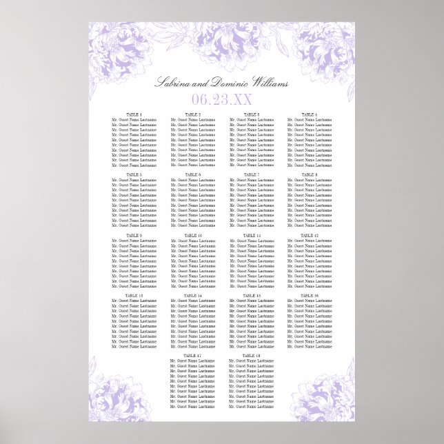 Elegant Purple Grey Floral Peony Wedding Seating Poster (Front)