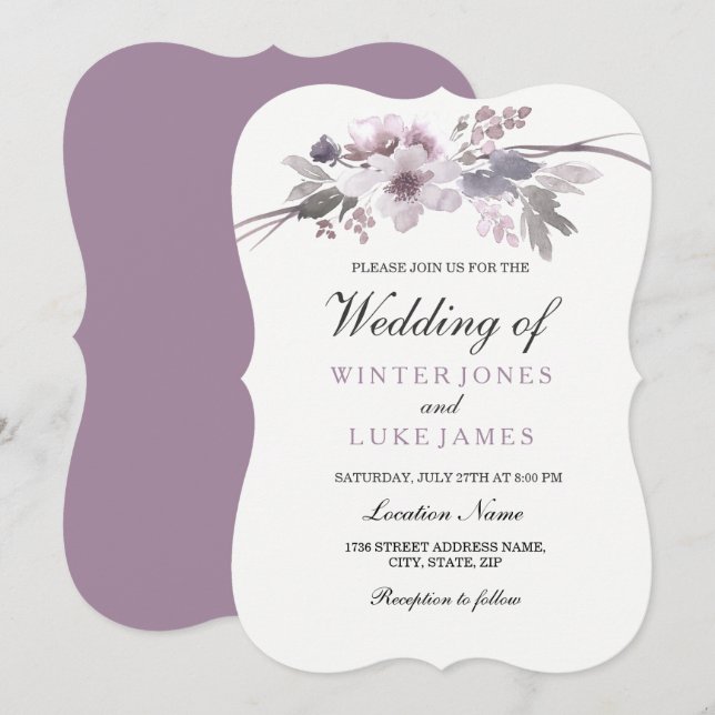 Elegant Purple Grey Floral Wedding Invite (Front/Back)