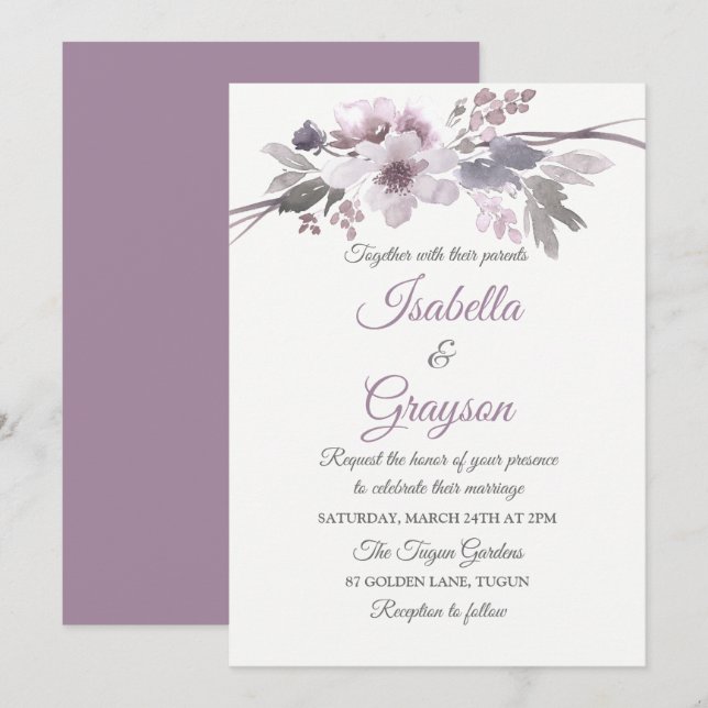 Elegant Purple Grey Floral Wedding Invite (Front/Back)